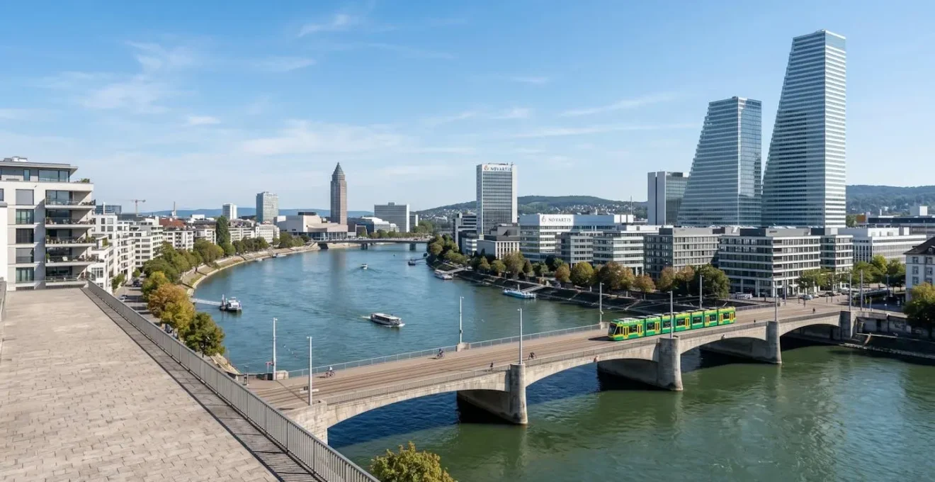 Weitwinkelperspektive auf die Basler Stadtlandschaft mit modernen Gebäuden und dem Rhein bei Tageslicht