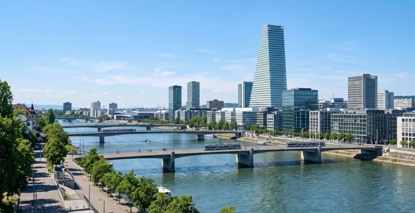 Weitwinkelperspektive auf die Basler Stadtlandschaft mit modernen Gebäuden und dem Rhein bei Tageslicht