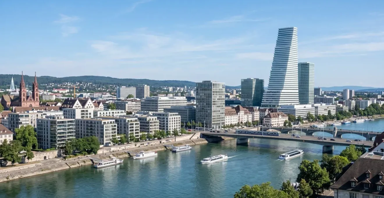 Weitwinkelperspektive auf die Basler Stadtlandschaft mit modernen Gebäuden und dem Rhein bei Tageslicht