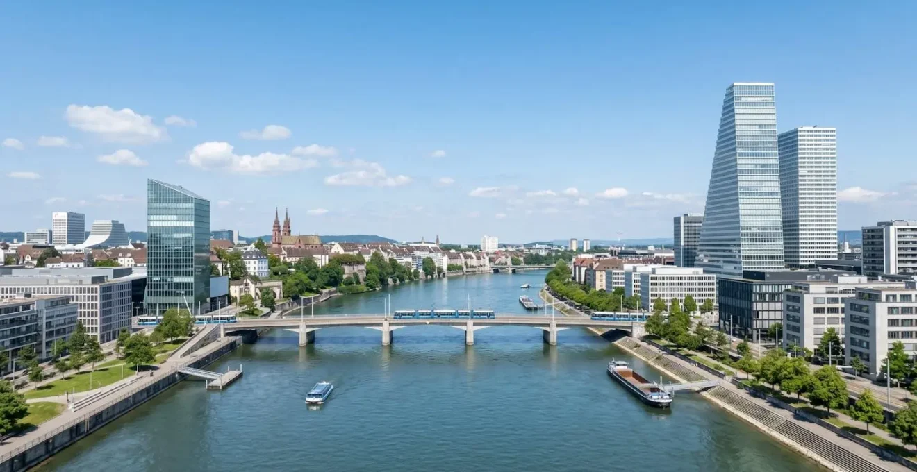 Weitwinkelperspektive auf die Basler Stadtlandschaft mit modernen Gebäuden und dem Rhein bei Tageslicht