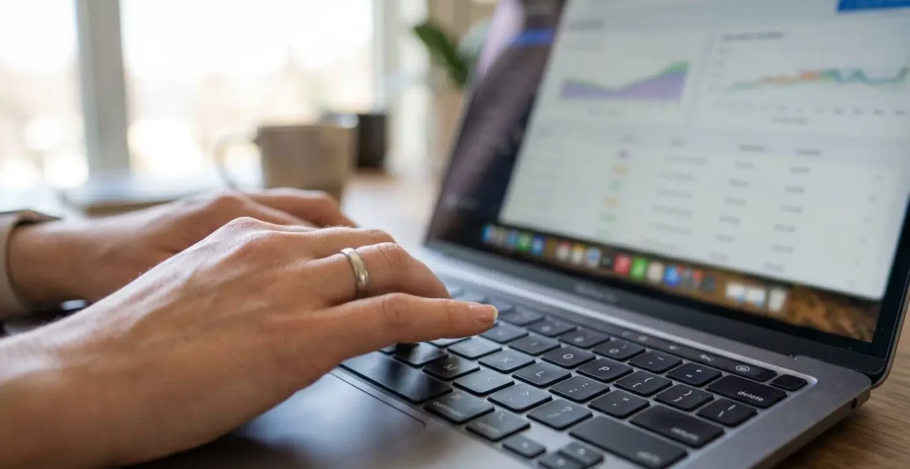 Nahaufnahme einer Hand, die auf einer modernen Laptop-Tastatur tippt, im unscharfen Hintergrund ist ein Immobilienbewertungs-Dashboard zu erkennen