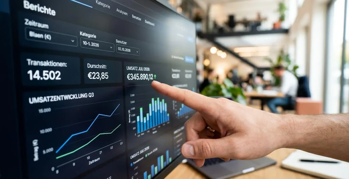 Nahaufnahme einer Hand, die auf Transaktionsstatistiken mit Zahlen und Diagrammen auf einem Computerbildschirm zeigt