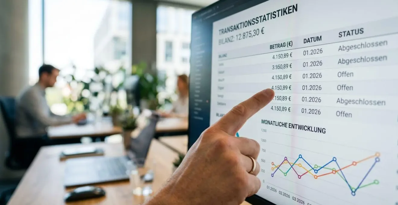 Nahaufnahme einer Hand, die auf Transaktionsstatistiken mit Zahlen und Diagrammen auf einem Computerbildschirm zeigt