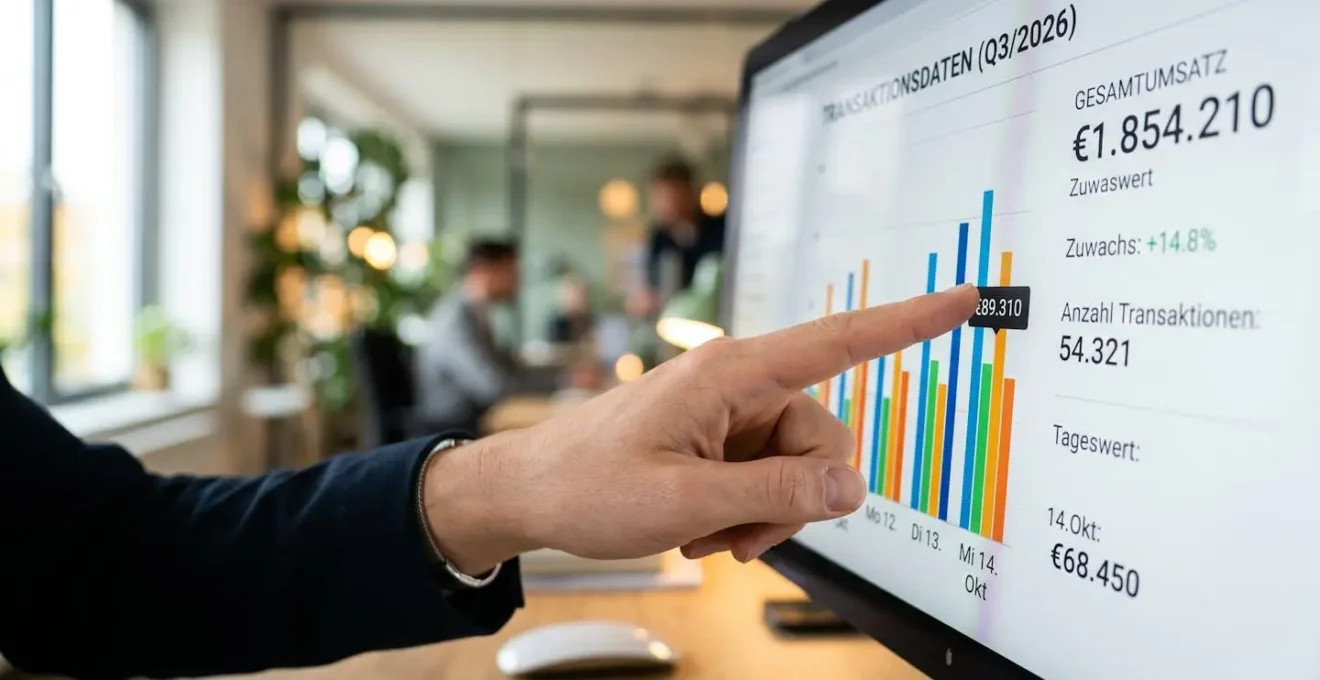 Nahaufnahme einer Hand, die auf Transaktionsstatistiken mit Zahlen und Diagrammen auf einem Computerbildschirm zeigt