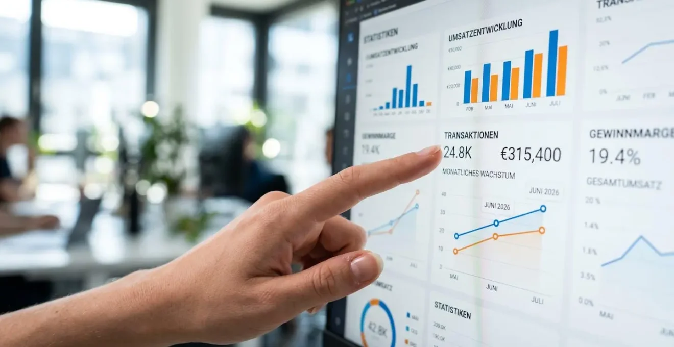 Nahaufnahme einer Hand, die auf Transaktionsstatistiken mit Zahlen und Diagrammen auf einem Computerbildschirm zeigt
