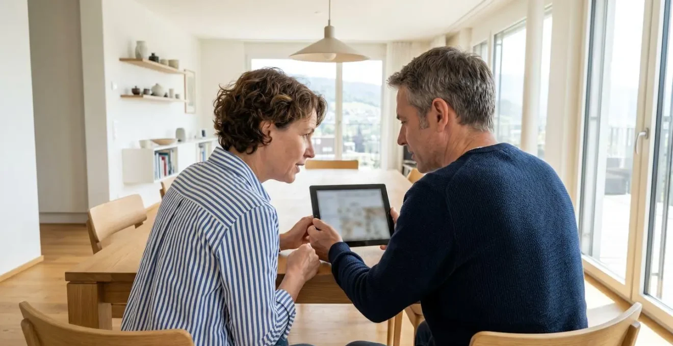 Ein Paar mittleren Alters sitzt an einem modernen Esstisch und betrachtet gemeinsam ein Tablet, auf dem eine Immobilienbewertung zu sehen ist