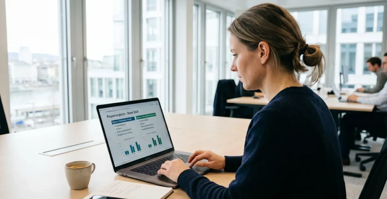 Berufstätige Person von hinten arbeitet an einem Laptop mit Vergleichsoberfläche in einem modernen Büro