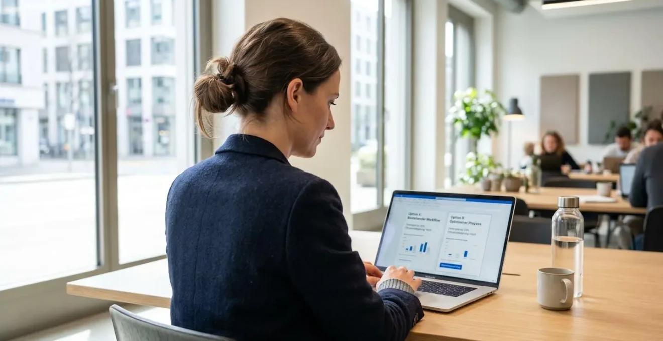 Berufstätige Person von hinten arbeitet an einem Laptop mit Vergleichsoberfläche in einem modernen Büro