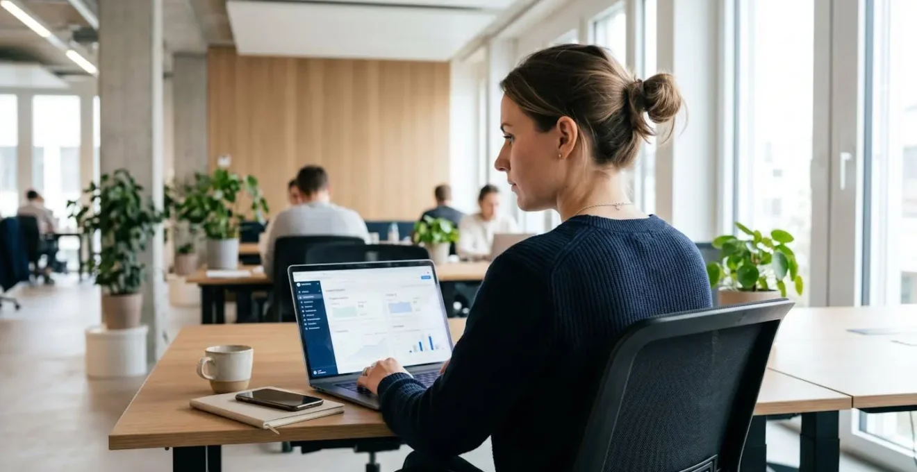 Berufstätige Person von hinten arbeitet an einem Laptop mit Vergleichsoberfläche in einem modernen Büro