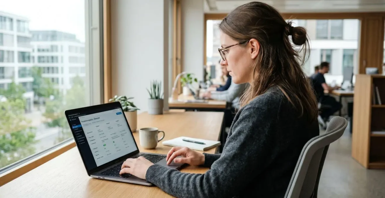 Berufstätige Person von hinten arbeitet an einem Laptop mit Vergleichsoberfläche in einem modernen Büro