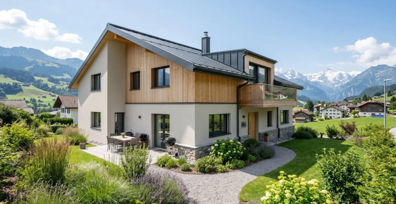 Ein modernes Schweizer Einfamilienhaus in zeitgenössischer Architektur mit gepflegtem Vorgarten bei hellem Tageslicht, keine Personen sichtbar