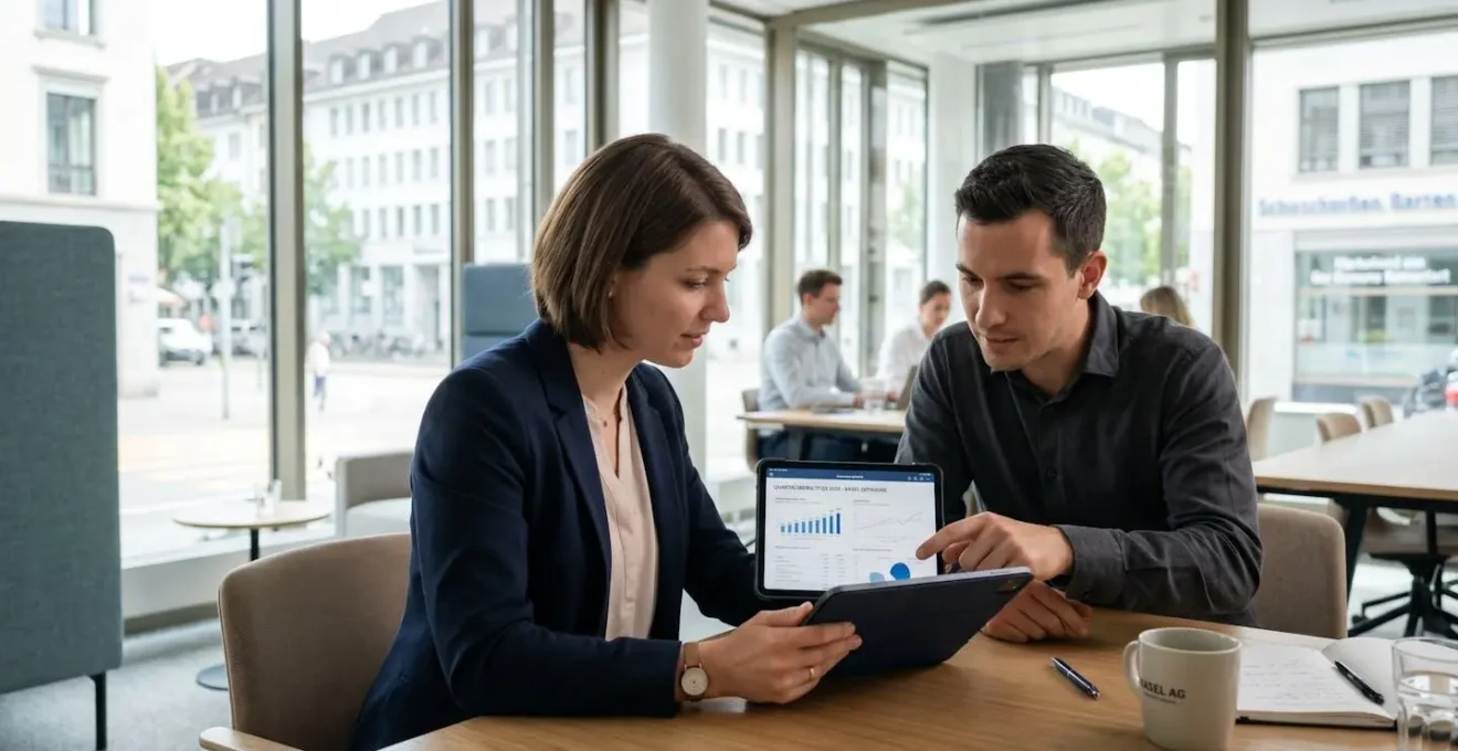 Zwei Geschäftsleute besprechen Immobilienstatistiken auf einem Tablet in einem modernen hellen Büro in Basel