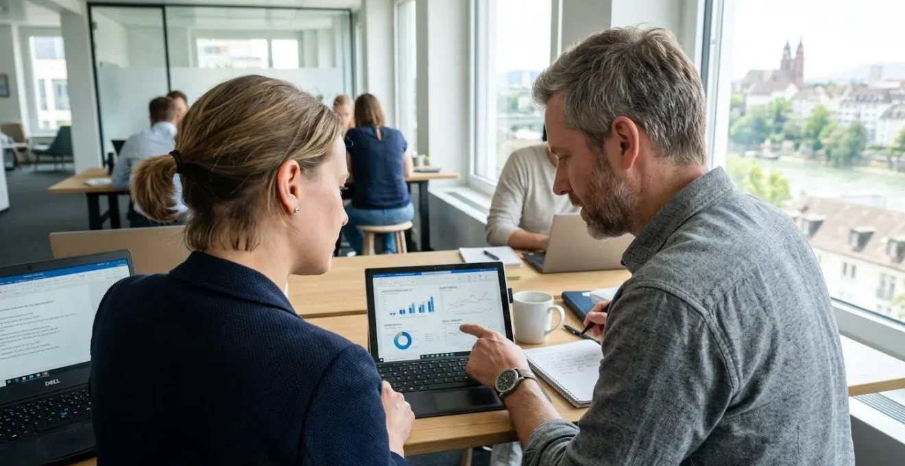 Zwei Geschäftsleute besprechen Immobilienstatistiken auf einem Tablet in einem modernen hellen Büro in Basel