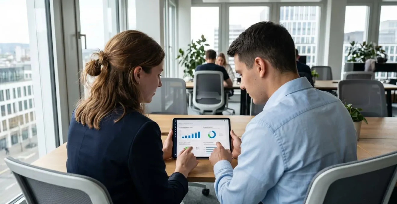 Zwei Geschäftsleute besprechen Immobilienstatistiken auf einem Tablet in einem modernen hellen Büro in Basel