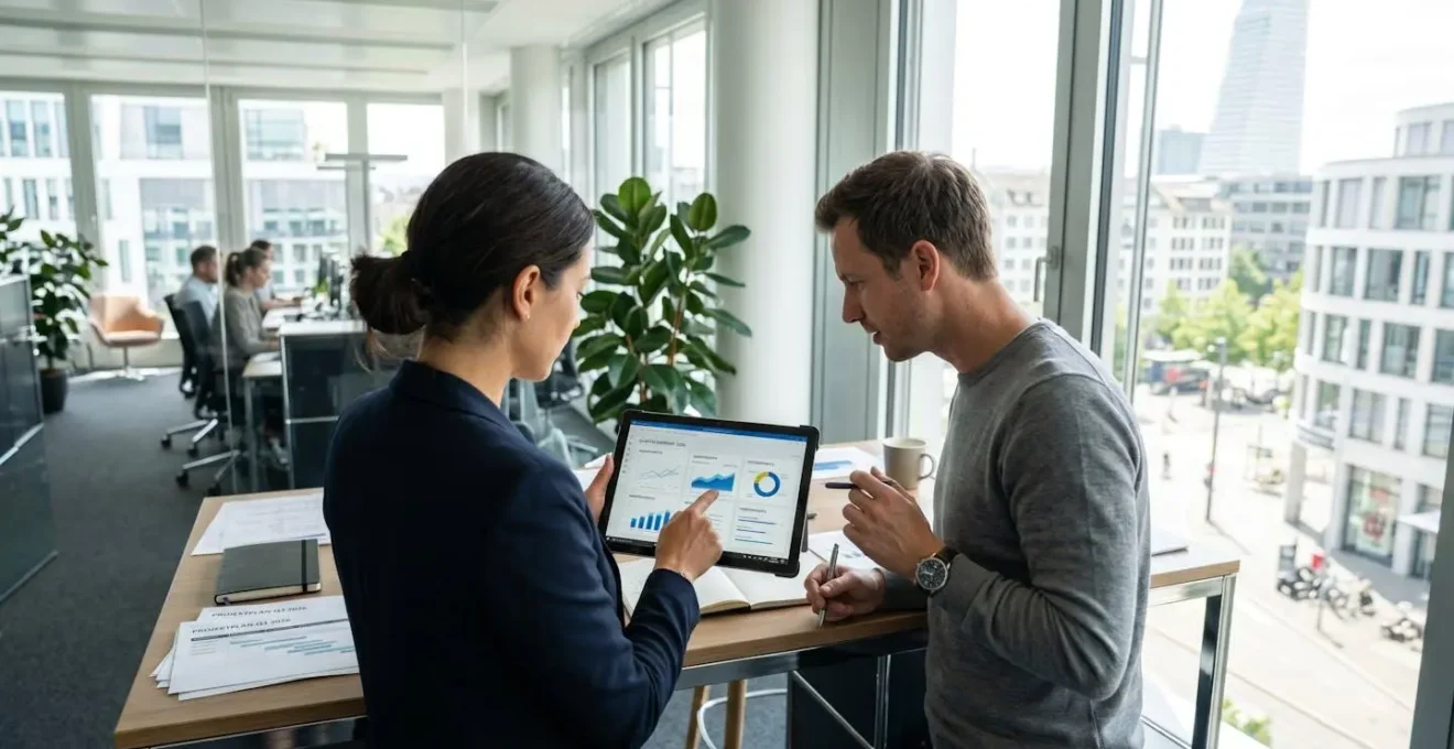 Zwei Geschäftsleute besprechen Immobilienstatistiken auf einem Tablet in einem modernen hellen Büro in Basel