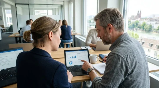 Zwei Geschäftsleute besprechen Immobilienstatistiken auf einem Tablet in einem modernen hellen Büro in Basel